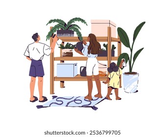 A família faz o serviço doméstico, limpando juntos. Criança pequena ajuda pais a limpar o pó de folhas de plantas de casa. Pessoas regando flores, casa, serviço doméstico. Ilustração de vetor isolado plano em branco