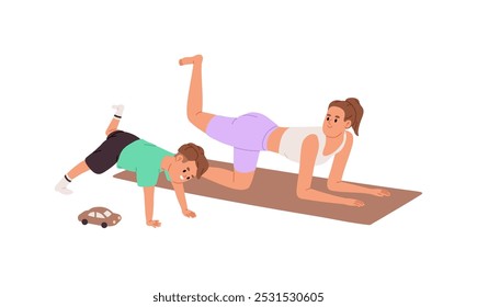 Family does sports workout at home together. Son repeats physical exercises from his mother. Parent and kid training, practice yoga, stretching. Flat isolated vector illustration on white background