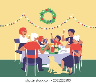 A family with a dog celebrates Thanksgiving at the festive table. Labrador looks at grandfather. Parents and grandparents raised glasses of champagne, children - juice. Flat vector illustration.