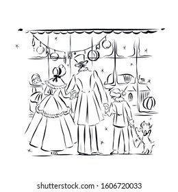 Family with dog on leash look at the shop window and choose gifts for Christmas. Mother, father and child stand back together and holding hands. People in vintage style from the nineteenth century. 