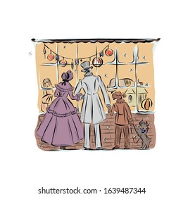Family with dog on leash look at the shop window and choose gifts for Christmas. Mother, father and child stand back together and holding hands. People in vintage style from the nineteenth century. 