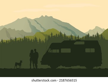 Family with dog outdoors by car, caravan holiday trip. Mountain landscape, vector image.