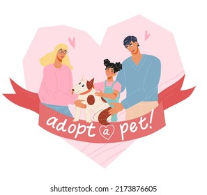 Family With Dog For Pets Adoption And Care. Pet Store Or Animal Shelter, Buying Or Adopting Homeless Dog, Flat Vector Illustration Isolated On White Background.