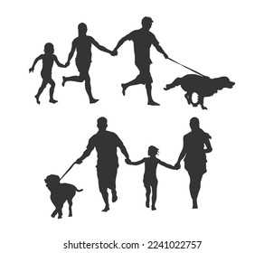 Family with dog silhouettes, Family with dog silhouette set.