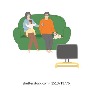 Family with dog sitting together on sofa and watching TV, kid embracing mom, man holding remote, people portrait view isolated on white, room vector