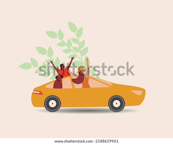 Family\
with dog traveling in car, happier people in road trip, flat vector\
stock illustration with modern leaves\
isolated