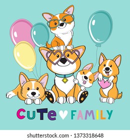 Family of Dogs Corgi and the inscription cute family