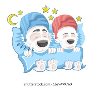 Family of dogs, man and woman sleeping in the bed clothed in nightcaps in cartoon style on white