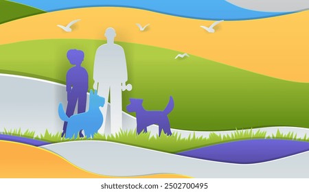 Family with dogs in nature scene colorful paper cut style landscape with hills grass sky birds father child pets