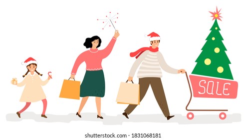 Family doing christmas shopping. Man carry cart with christmas tree. People walking with shop bags. Big sale.