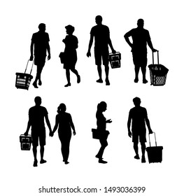 Family doing everyday grocery people shopping basket at supermarket vector silhouette isolated. Man and woman with consumer bag buy food goods. Procurement of supplies. Couple home budget planning