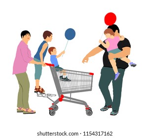 Family doing everyday grocery shopping with shopping basket at supermarket, vector isolated. Man and woman with kids usual after work with consumer bag buy food and another goods. Empty shopping cart.