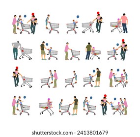 Family doing everyday grocery with shopping basket at supermarket vector illustration isolated. Man and woman with kids usual after work with consumer bag buy food and goods. Empty shopping cart.