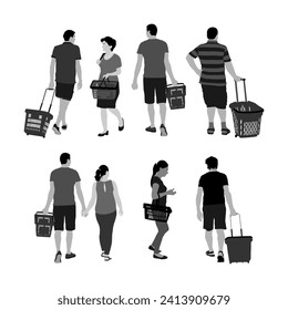 Family doing everyday grocery with shopping basket at supermarket vector illustration isolated. Man and woman with consumer bag buy food and goods. Procurement of supplies. Couple home budget planning