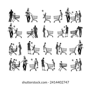 Family doing everyday grocery with shopping basket at supermarket vector illustration isolated. Man and woman with kids usual after work with consumer bag buy food and goods. Empty shopping cart.