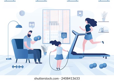 Family doing fitness at home. Slim mother run on treadmill. Father lifting dumbbells. Kid girl jumping rope. Sports, gym at home, living room interior. Healthy lifestyle, lockdown. Vector illustration