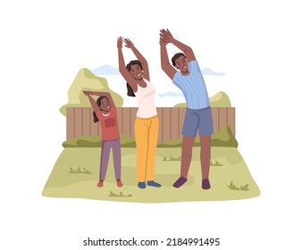 Family doing gymnastics together outdoors in the garden. Vector afro american mother, father and daughter stretching hands, flat cartoon illustration