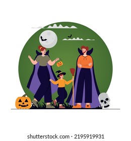 Family doing Halloween costume party illustration concept