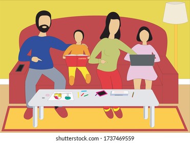 A family doing the homework at home