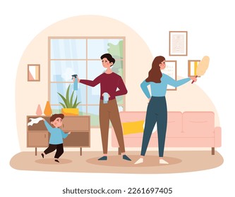 Family doing housework. Man with spray in his hand and woman with broom clean room, son helps parents. Routine, little helper, people with cleaning equipment. Cartoon flat vector illustration