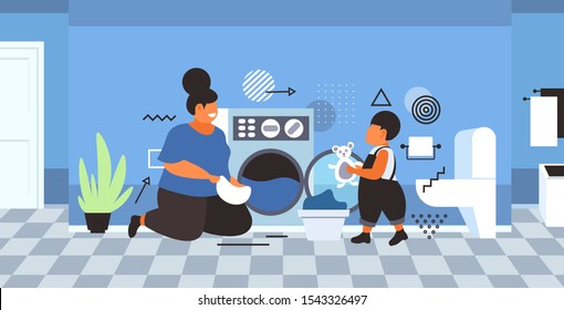 family doing housework mother with son loading clothes in washing machine cleaning service concept modern bathroom interior horizontal full length sketch vector illustration