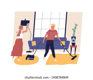 Family doing housework together. Couple daily routine, cleanup or domestic duties. People vacuum floor, wipe and rub the dust. Flat vector cartoon illustration of man and woman doing household chores.