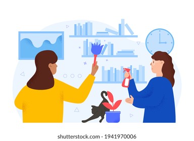 Family doing housework together. Spring cleaning. Happy parents with adult kid cleaning room. Flat cartoon vector illustration concept design. Simple art isolated on white background.