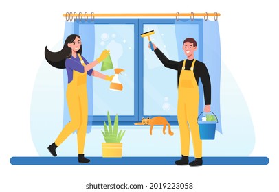 Family doing housework together. Spring cleaning, domestic chores, housekeeping work, washing window. Flat illustration cartoon vector concept design isolated on white background