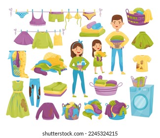 Family doing laundry set. Mother, father and daughter cartoon vector