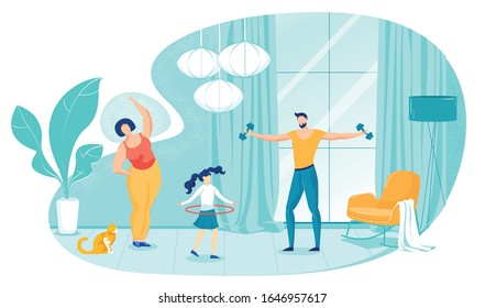 Family Doing Morning Exercises at Home Flat Cartoon Vector Illustration. Father Training with Dumbbell in Hands, Daughter with Hula Hoop, Mother Working out. Having Healthy Lifestyle.