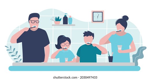 Familia haciendo la rutina matutina juntos. Padres y niños cepillan dientes en el baño. Higiene oral y prevención de enfermedades dentales. Los personajes limpian los dientes con cepillos de dientes. Ilustración vectorial plana 