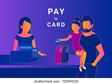 Family doing payment by credit card goods in the kids shop. Gradient line vector illustration of happy father with his daughter paying by credit card standing near cash machine.