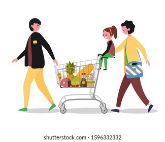 Family doing shopping in Supermarket with shopping cart. Father, mother and child. Vector illustration.