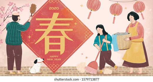 Family doing spring cleaning together on pink banner, Chinese text translation: Spring on doufang