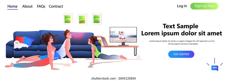 family doing stretching exercises while watching online video training program healthy lifestyle concept