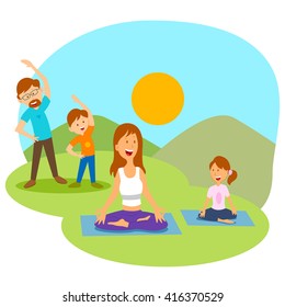 Family doing yoga and excercise  in vector