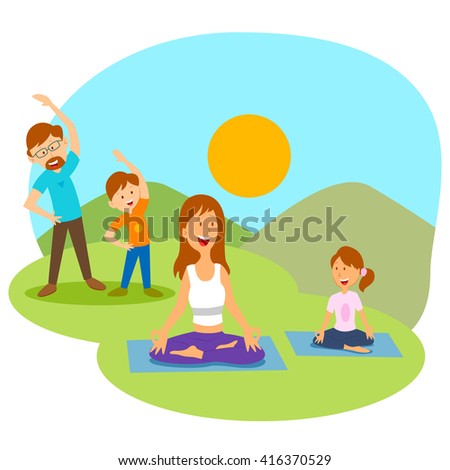 Family doing yoga and excercise  in vector