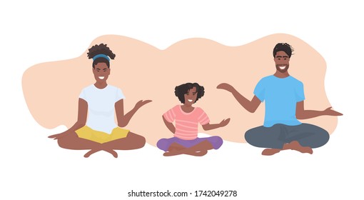 family doing yoga exercises african american parents with daughter sitting lotus pose healthy lifestyle concept flat full length horizontal isolated vector illustration