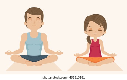 Family doing yoga. Man and woman sitting in a lotus position. Vector cartoon illustration