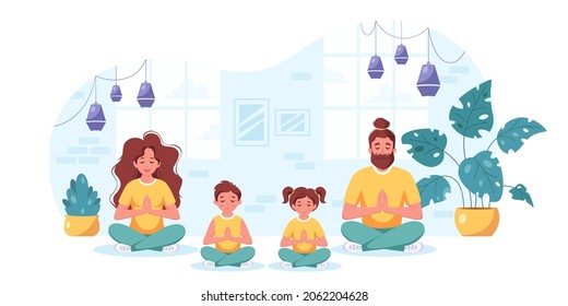 Family doing yoga,  meditation in cozy interior. Family spending time together at home. Vector illustration