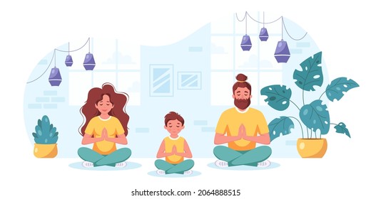 Family doing yoga, meditation in cozy interior. Family spending time together. Vector illustration