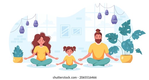 Family doing yoga, meditation in cozy interior. Family spending time together. Vector illustration