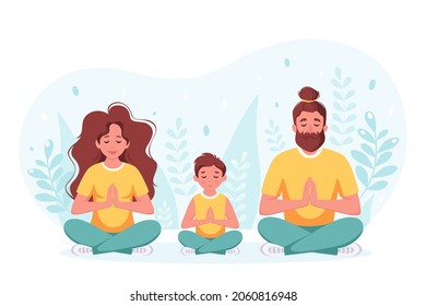 Family doing yoga, meditation together. Family spending time together. Vector illustration