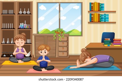 Family doing yoga in yoga studio scene illustration