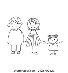 Family in doodle style. Hand drawn outline man, woman, girl. Hand drawn vector art