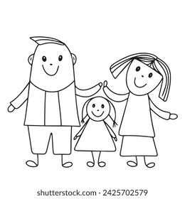 Family in doodle style. Hand drawn outline man, woman, girl. Hand drawn vector art