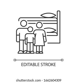 Family dormitory pixel perfect linear icon. Shared dorm room. Common bedroom. Bunk bed. Hostel. Thin line customizable illustration. Contour symbol. Vector isolated outline drawing. Editable stroke