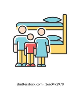 Family dormitory RGB color icon. Shared dorm room. Common bedroom. Accommodation facility. Bunk bed. Hostel. Residential area. Living conditions. Isolated vector illustration