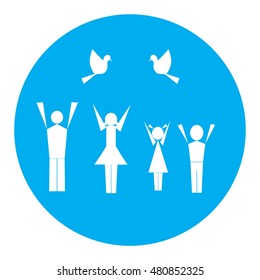 Family with Doves of Peace, silhouettes. Vector icon for Peace Day design