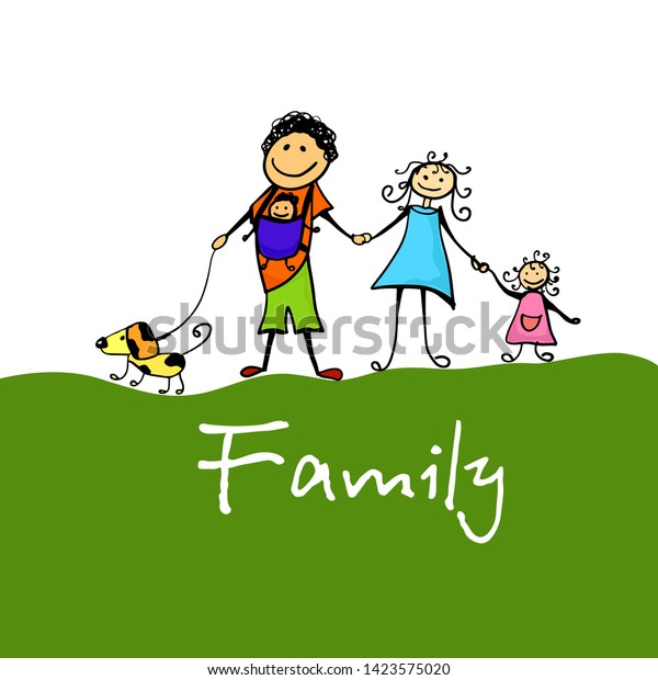 Family drawing caricature. Cartoon dad, mom, brother and sister. Vector